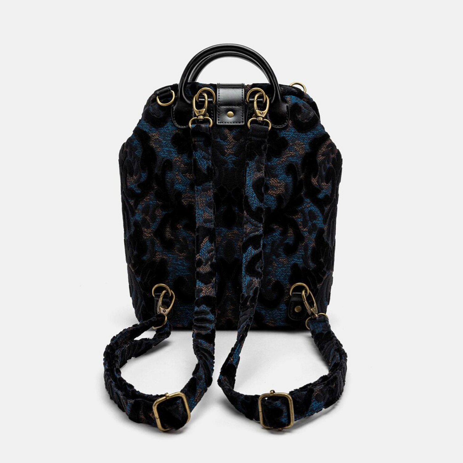 Dark Base Teal Bronze Damask Embossed Convertible Backpack With Antique Gold Hardware, Divided Lined Interior And Detachable Patterned Shoulder Straps