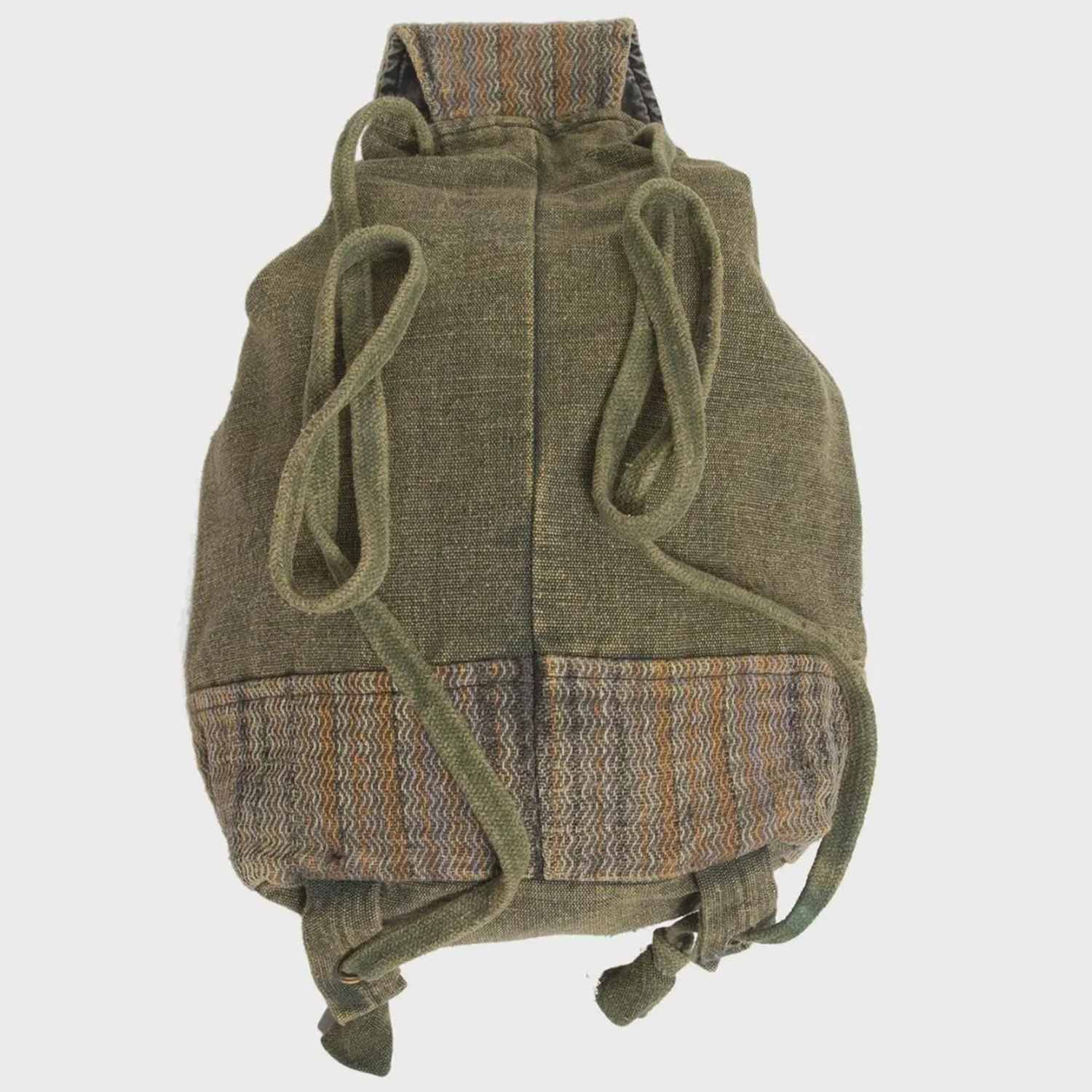 Muted Olive Woven Drawstring Backpack With Hand Appliquéd Floral Embroidery, Chevron Stripe Trim And Wooden Flap Fastener