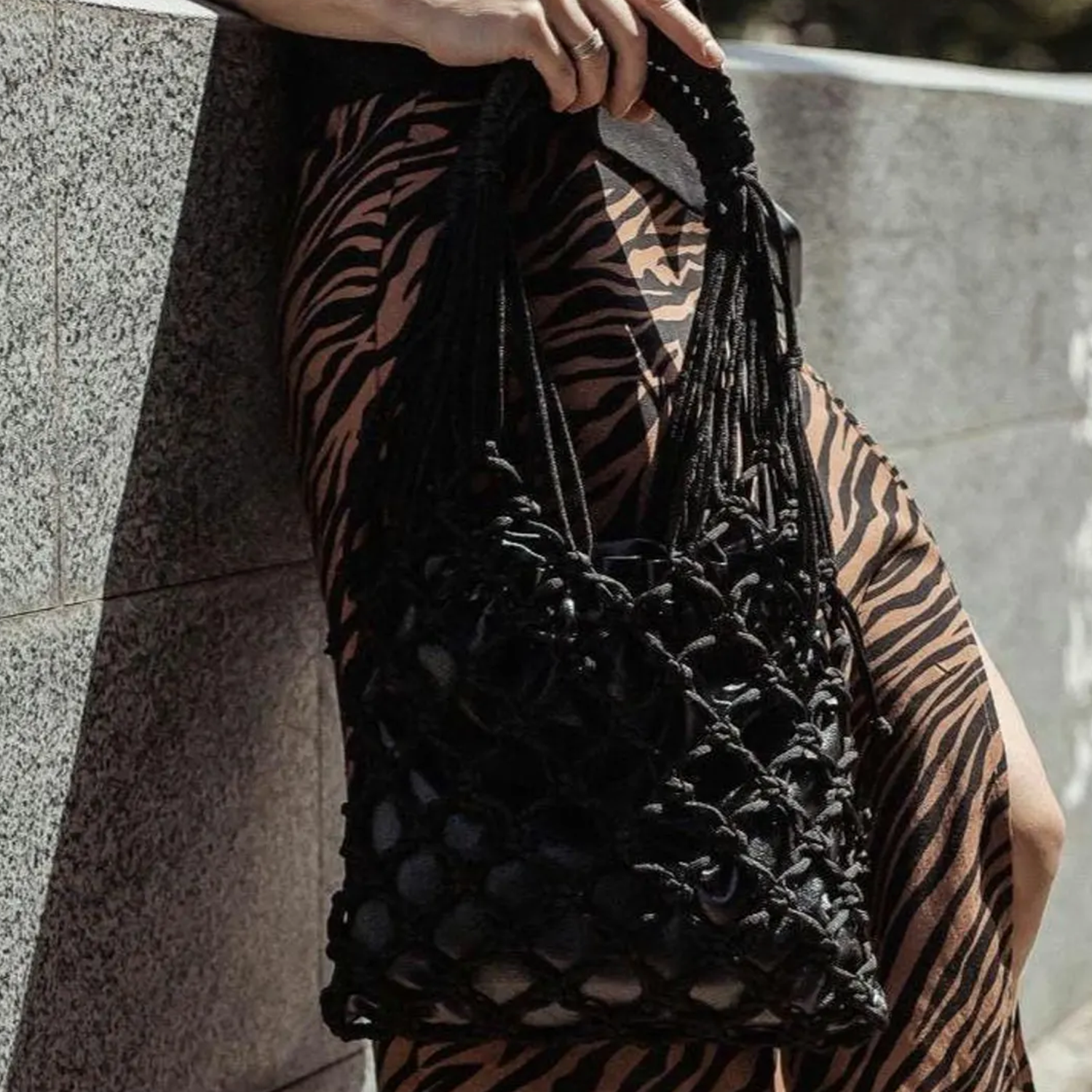 Solid Black Hand-Knotted Macrame Net Tote With Braided Curved Top Handle And Internal Gathered Drawstring Pouch Liner