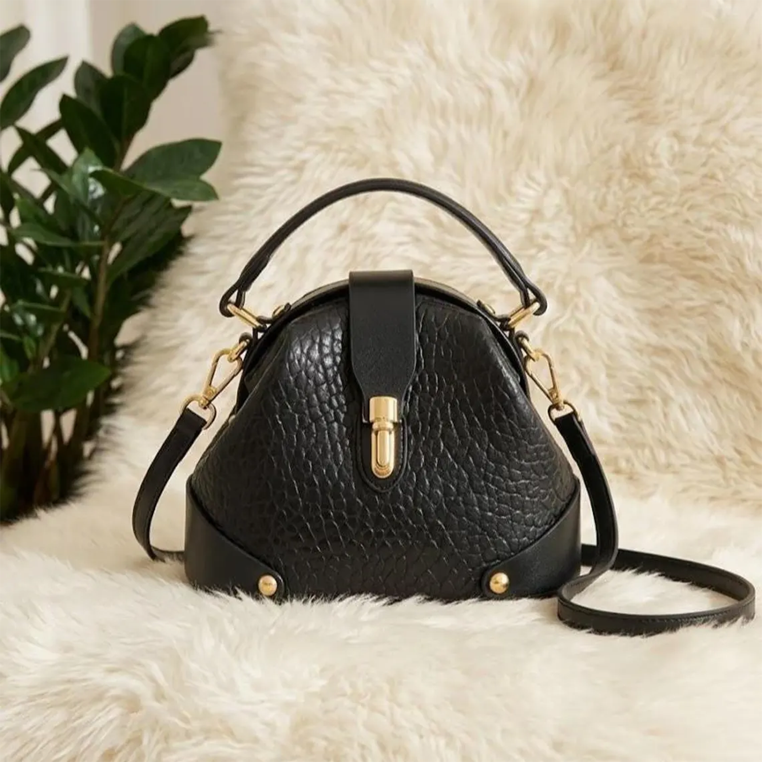 Multi-Tone Pebble Textured Dome Handbag With Contrast Brown Trim, Golden Turn-Lock Hardware And Dual Carry Fixtures