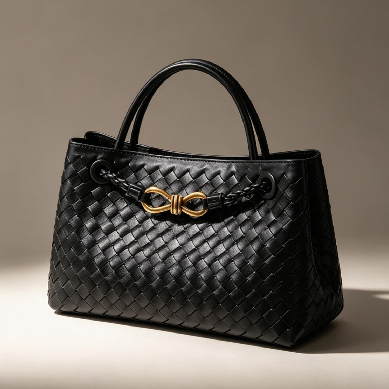 Intricate Woven Compact Satchel With Gold Infinity Metal Embellishment, Matching Curved Top Grips And Soft Structured Rectangular Silhouette