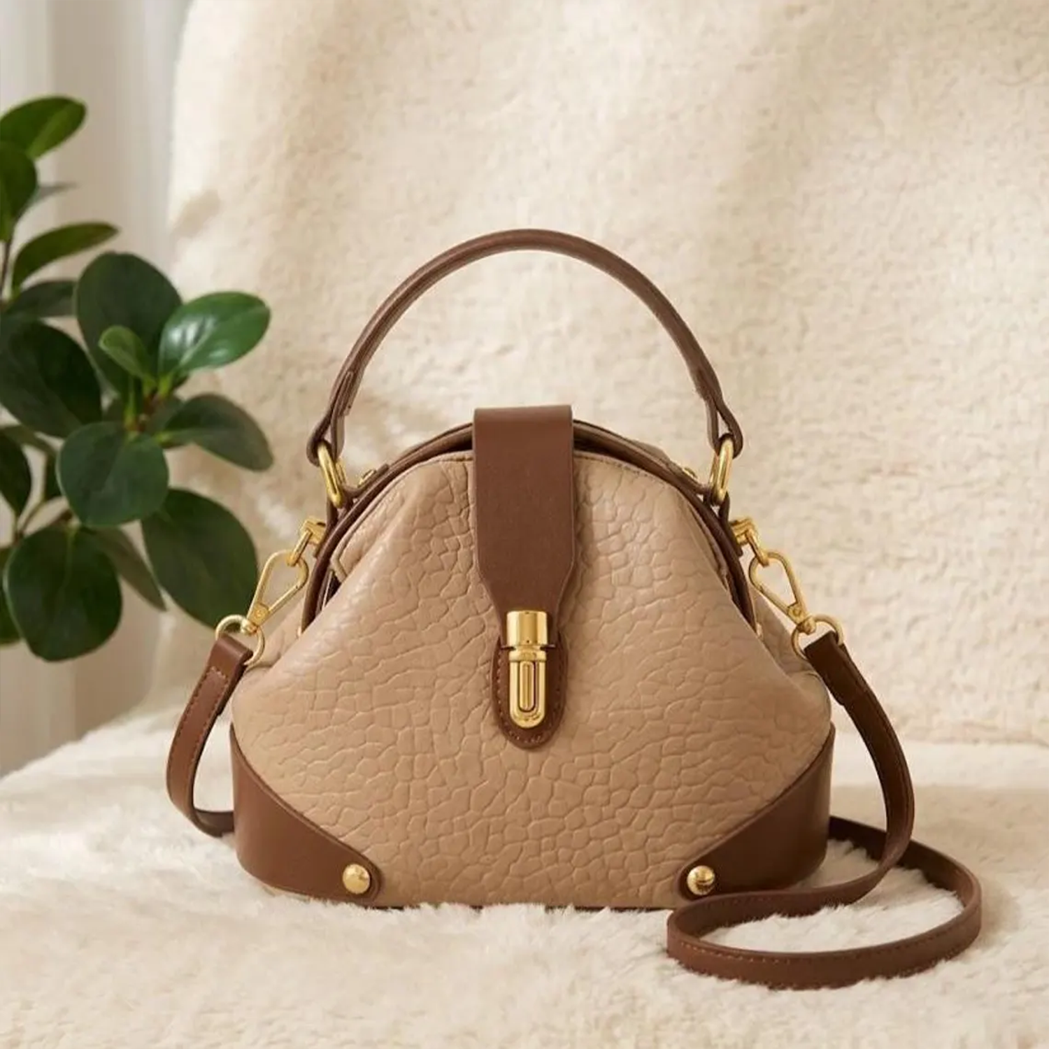 Multi-Tone Pebble Textured Dome Handbag With Contrast Brown Trim, Golden Turn-Lock Hardware And Dual Carry Fixtures