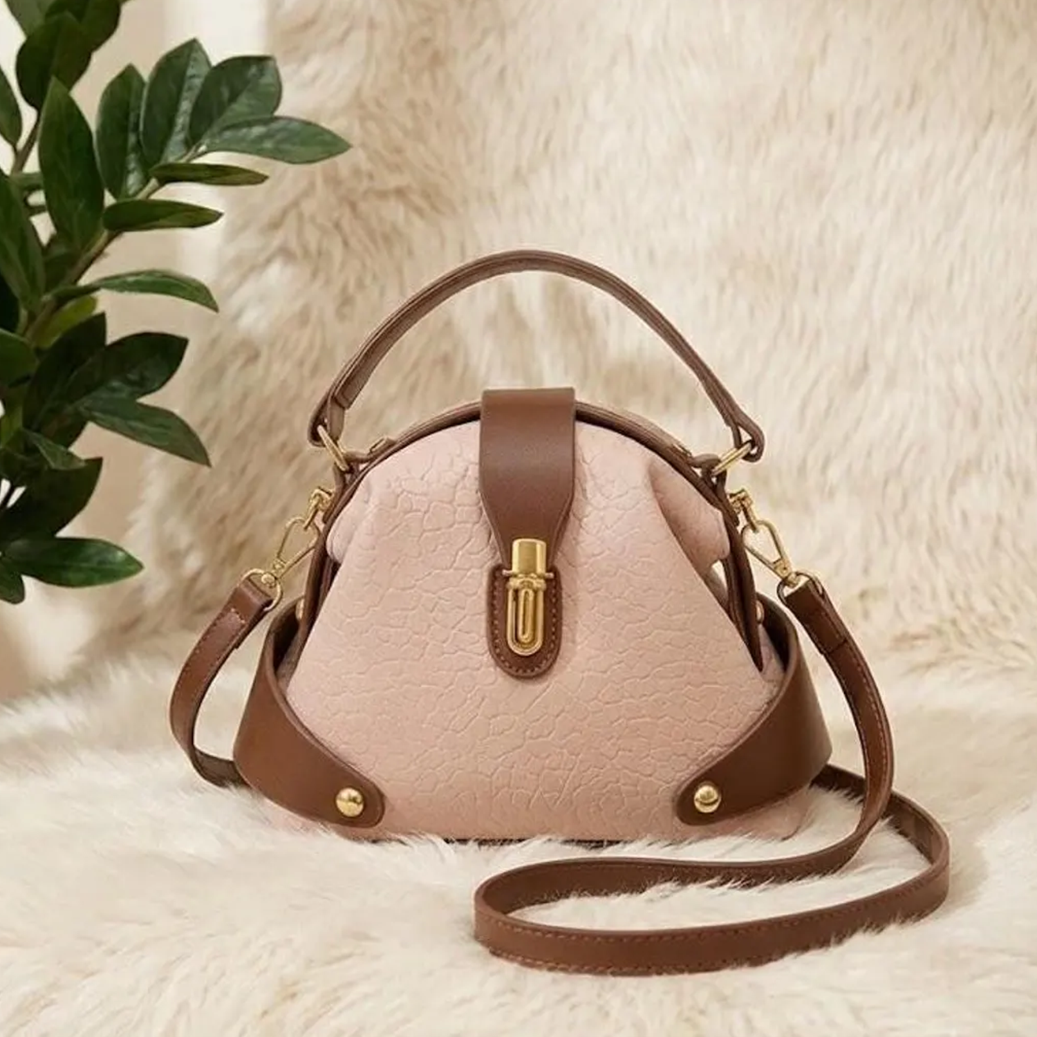 Multi-Tone Pebble Textured Dome Handbag With Contrast Brown Trim, Golden Turn-Lock Hardware And Dual Carry Fixtures