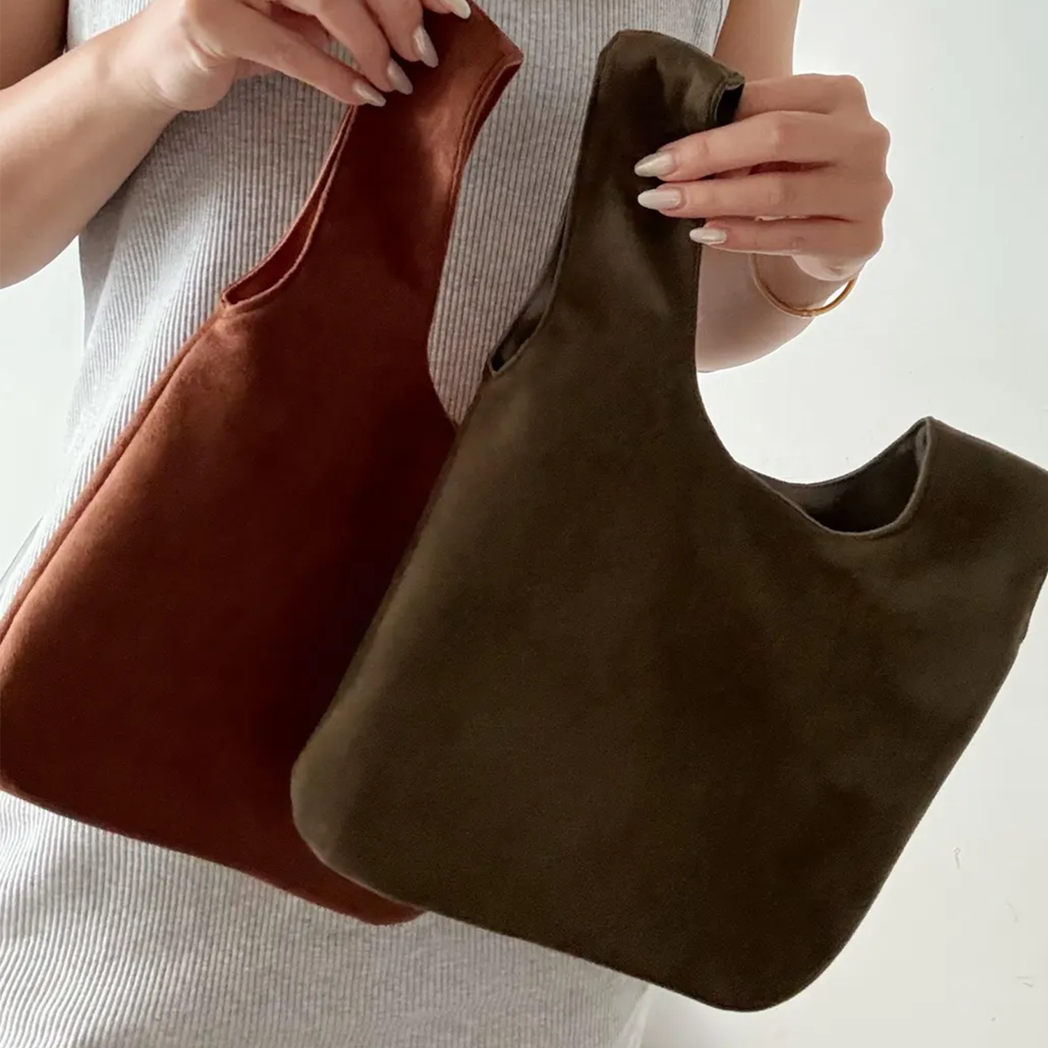 Two Earth-Tone Soft Matte Interlocking Knot Wrist Pouch, Minimalist Sloped Triangular Mini Carry Bag For Daily Compact Essentials