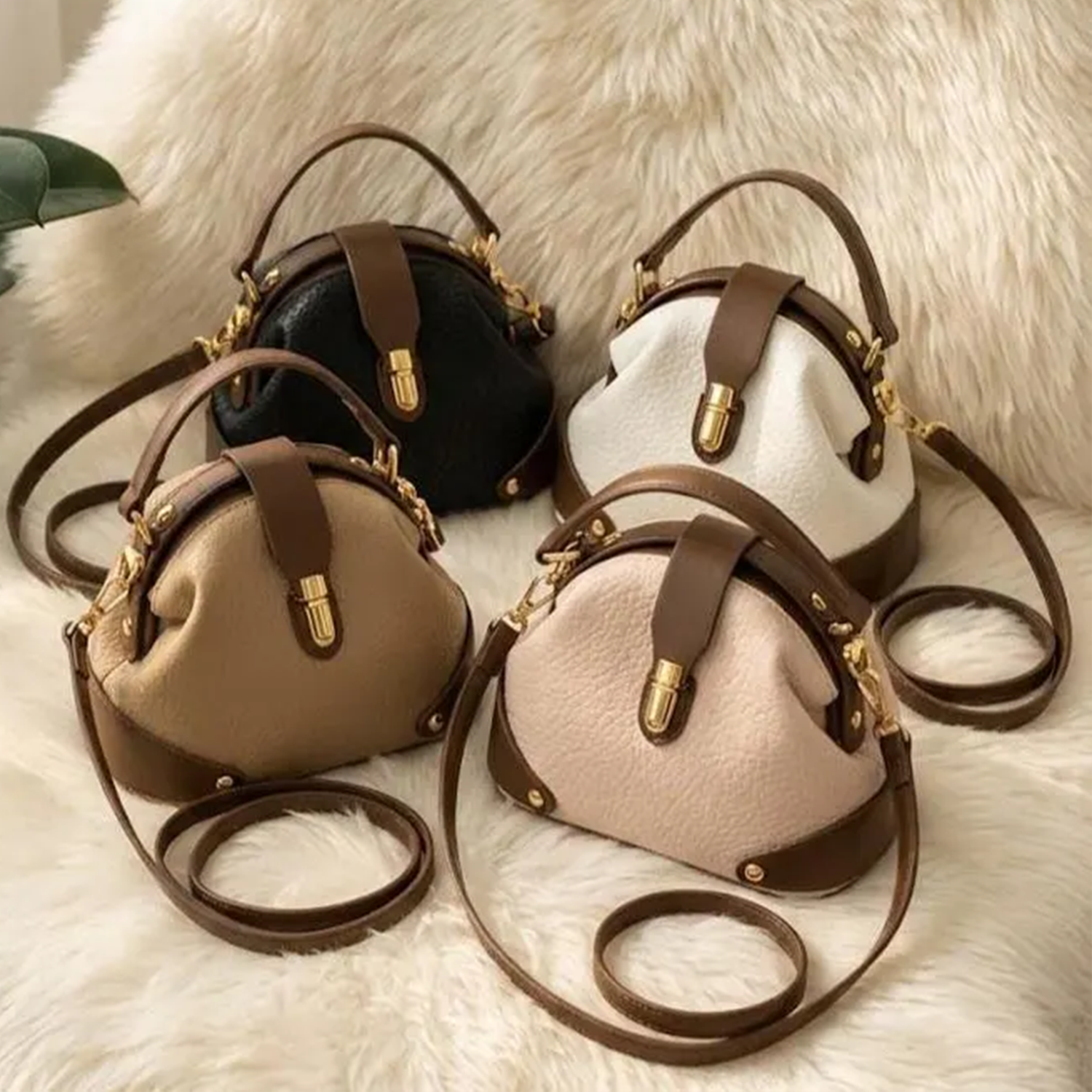 Multi-Tone Pebble Textured Dome Handbag With Contrast Brown Trim, Golden Turn-Lock Hardware And Dual Carry Fixtures