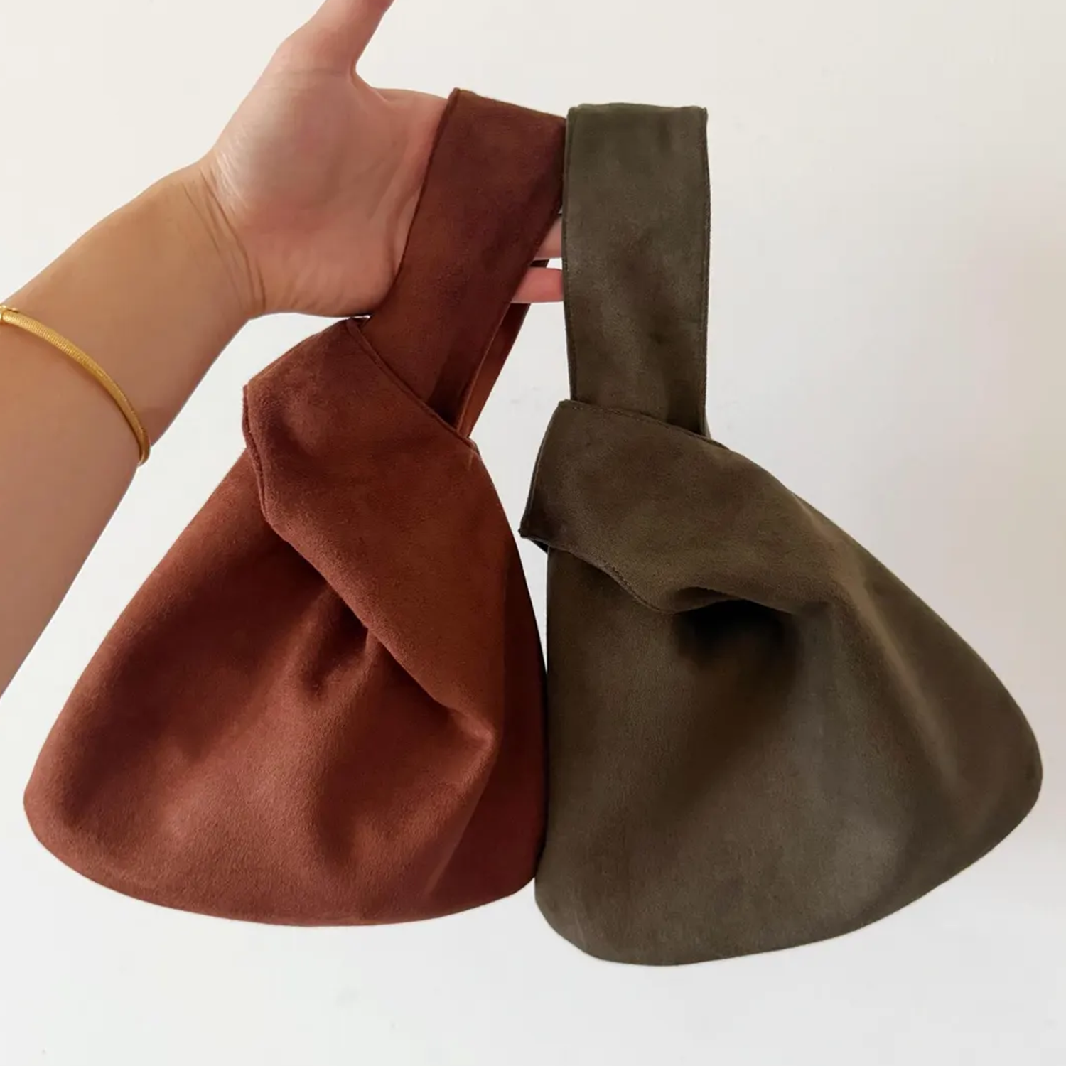 Two Earth-Tone Soft Matte Interlocking Knot Wrist Pouch, Minimalist Sloped Triangular Mini Carry Bag For Daily Compact Essentials