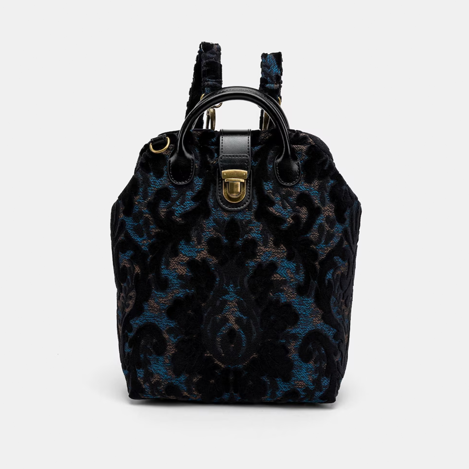 Dark Base Teal Bronze Damask Embossed Convertible Backpack With Antique Gold Hardware, Divided Lined Interior And Detachable Patterned Shoulder Straps