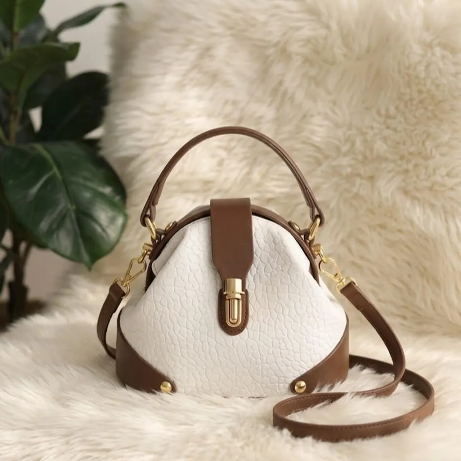 Multi-Tone Pebble Textured Dome Handbag With Contrast Brown Trim, Golden Turn-Lock Hardware And Dual Carry Fixtures
