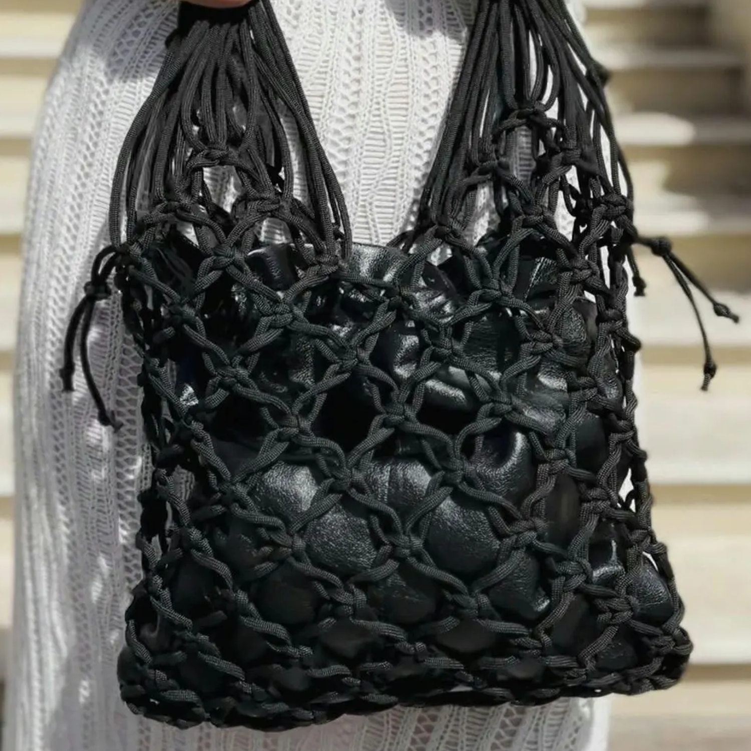 Solid Black Hand-Knotted Macrame Net Tote With Braided Curved Top Handle And Internal Gathered Drawstring Pouch Liner