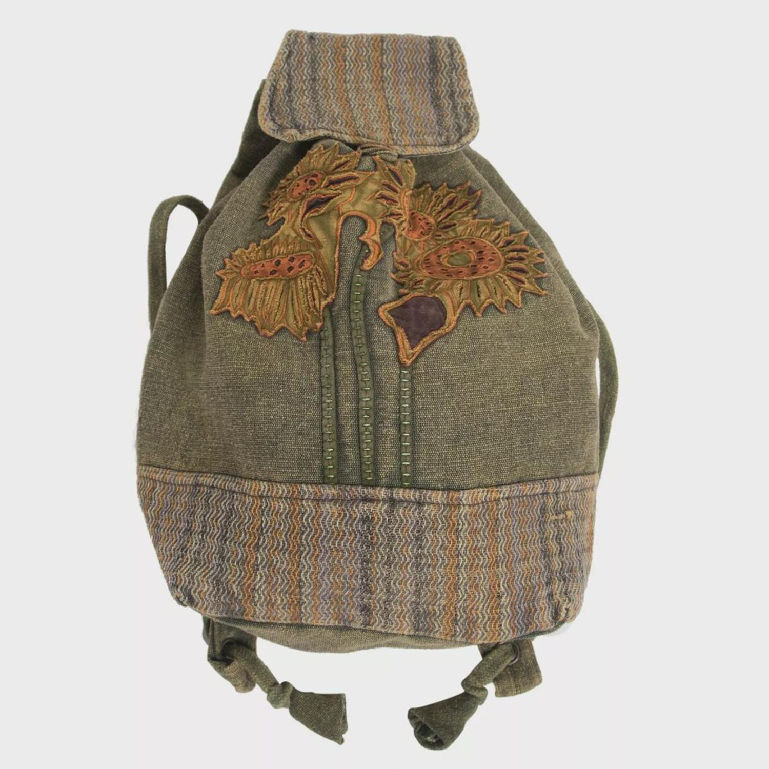 Muted Olive Woven Drawstring Backpack With Hand Appliquéd Floral Embroidery, Chevron Stripe Trim And Wooden Flap Fastener